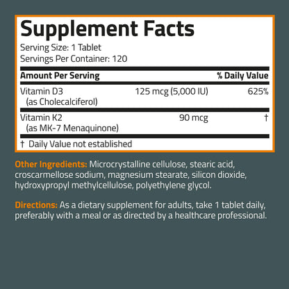 Bronson Basics Vitamin K2 D3 (MK7) Supplement Non-GMO Formula 5000IU (125 mcg)