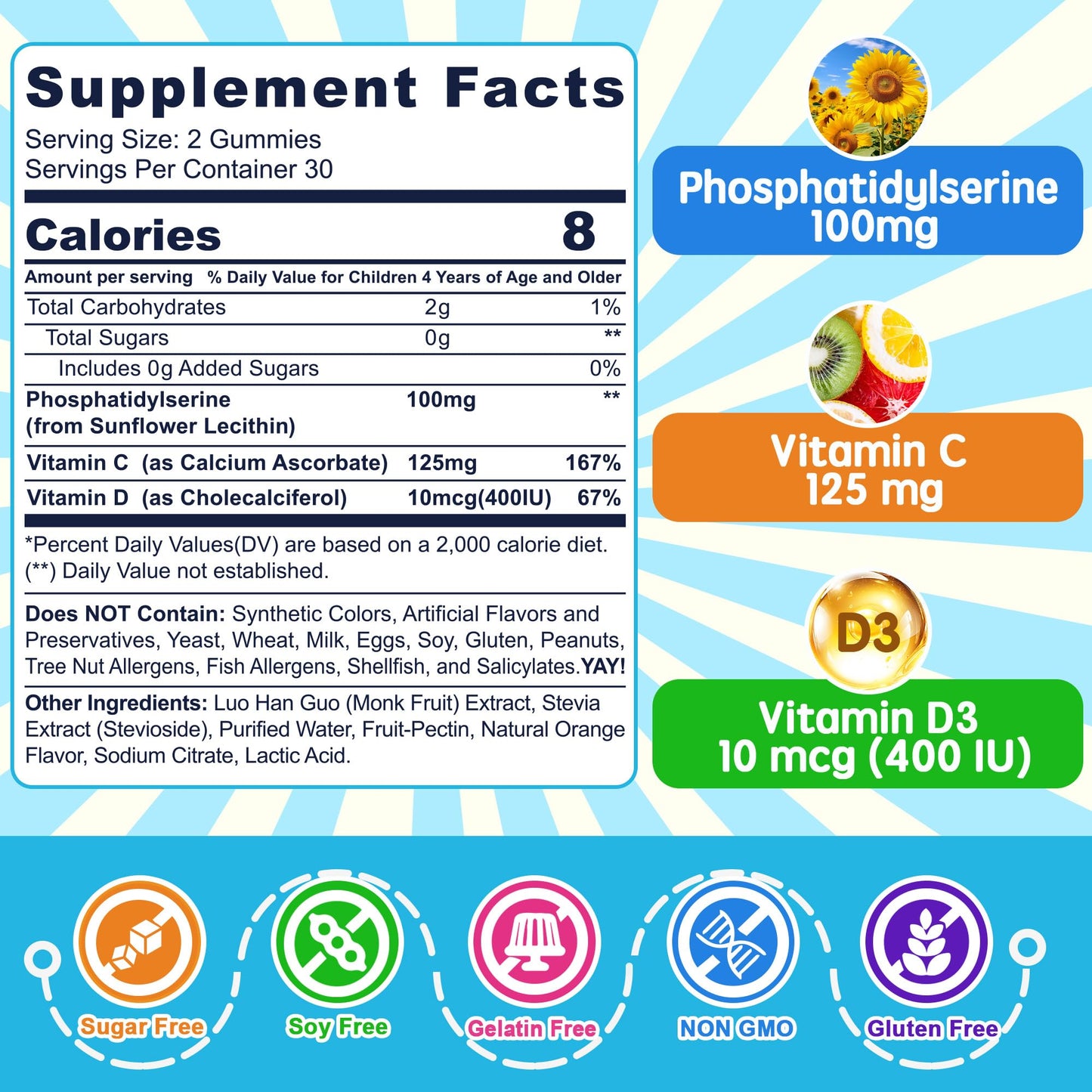 Phosphatidylserine Supplement 100mg, Focus Gummies for Kids Teens + Vitamin C & D3 400IU, Sugar Free Kids Brain Gummies Increase Attention & Concentration, Chewable, Vegan, Gluten Free, Non-GMO 2 Pack