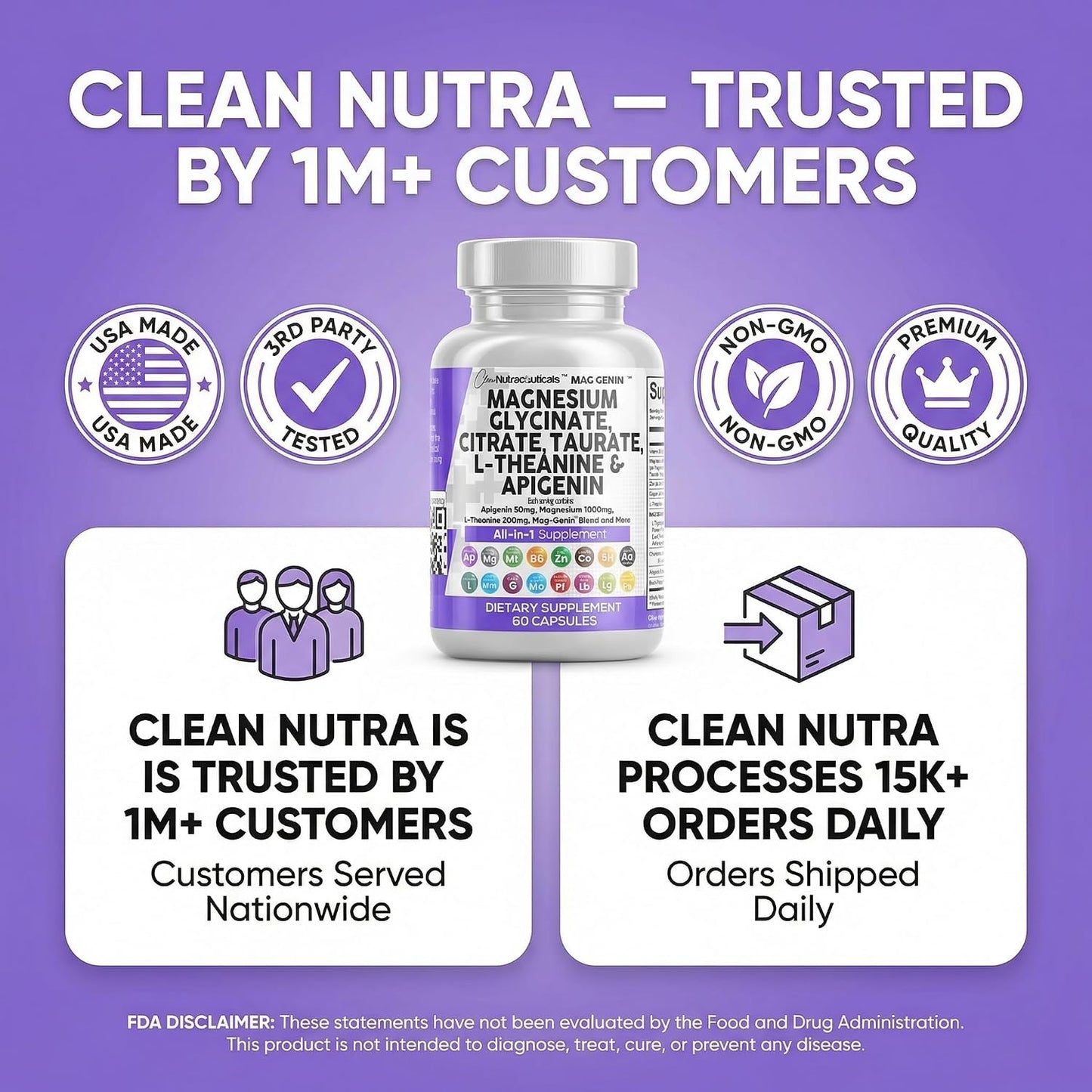Clean Nutraceuticals Magnesium Glycinate Complex 1000mg with L-Theanine 200mg Apigenin 50mg Citrate Taurate Supplement - 5-HTP GABA Passion Flower Lemon Balm L-Glycine Phosphatidylserine - 60 Count