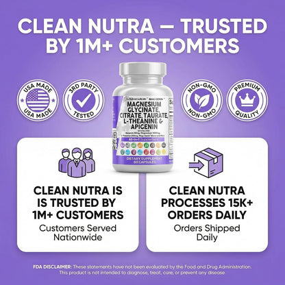 Clean Nutraceuticals Magnesium Glycinate Complex 1000mg with L-Theanine 200mg Apigenin 50mg Citrate Taurate Supplement - 5-HTP GABA Passion Flower Lemon Balm L-Glycine Phosphatidylserine - 60 Count