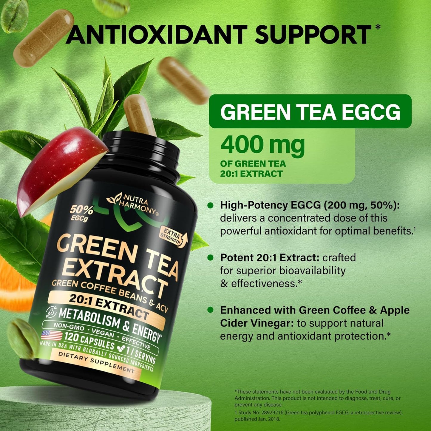 Green Tea Extract - 50% EGCG, Extra Strength 20:1 Extract - Natural Green Tea Supplement + Green Coffee Beans & Apple Cider Vinegar - Energy & Metabolism Support - for Men & Women - Vegan 120 Capsules