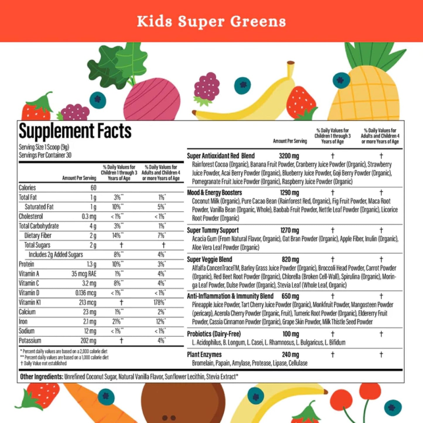 SPRIGS Kids Daily Super Greens Chocolate Powder with 48 Superfoods Probiotics Fiber Enzymes Plant Based Drink Mix for Children Supporting Digestion Immune Health Energy Growth &Daily Nutrition, 9.5 Oz