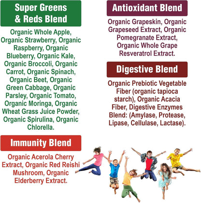 Kids Greens and Reds Superfood Powder - Best Tasting Organic Vegan Super Food Juice with 25+ Fruits and Vegetables - Gluten Free Real Food Vitamins - Green and Red Superfoods Supplement for Children