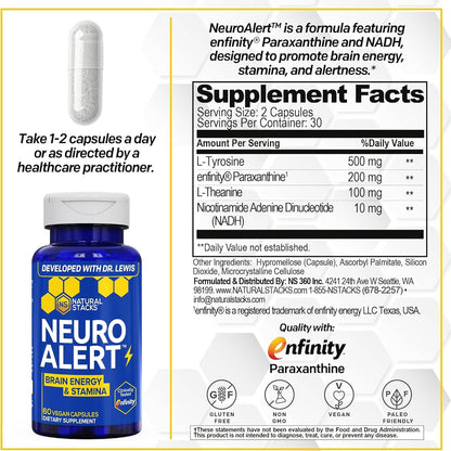NeuroAlert Paraxanthine 200mg Caffeine Free Energy Supplement, 60 Capsules | With L-Tyrosine, L-Theanine and NADH. Smooth focus and mental drive without jitters or crash. Ideal for work and workouts.