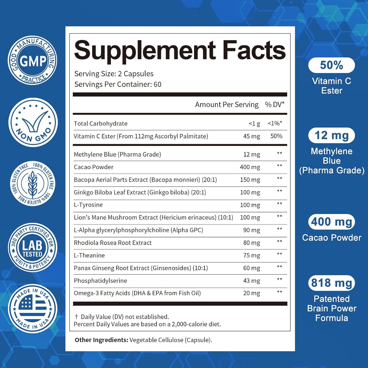 USP Methylene Blue Pharmaceutical Grade, Vitamin C Ester, Bacopa, Phosphatidylserine, Omega-3 Fatty Acids - 13 in 1 Upgrade Patented Brain Formula - Memory, Focus, Clarity, Cognitive, 120 Count