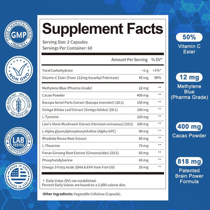 USP Methylene Blue Pharmaceutical Grade, Vitamin C Ester, Bacopa, Phosphatidylserine, Omega-3 Fatty Acids - 13 in 1 Upgrade Patented Brain Formula - Memory, Focus, Clarity, Cognitive, 120 Count
