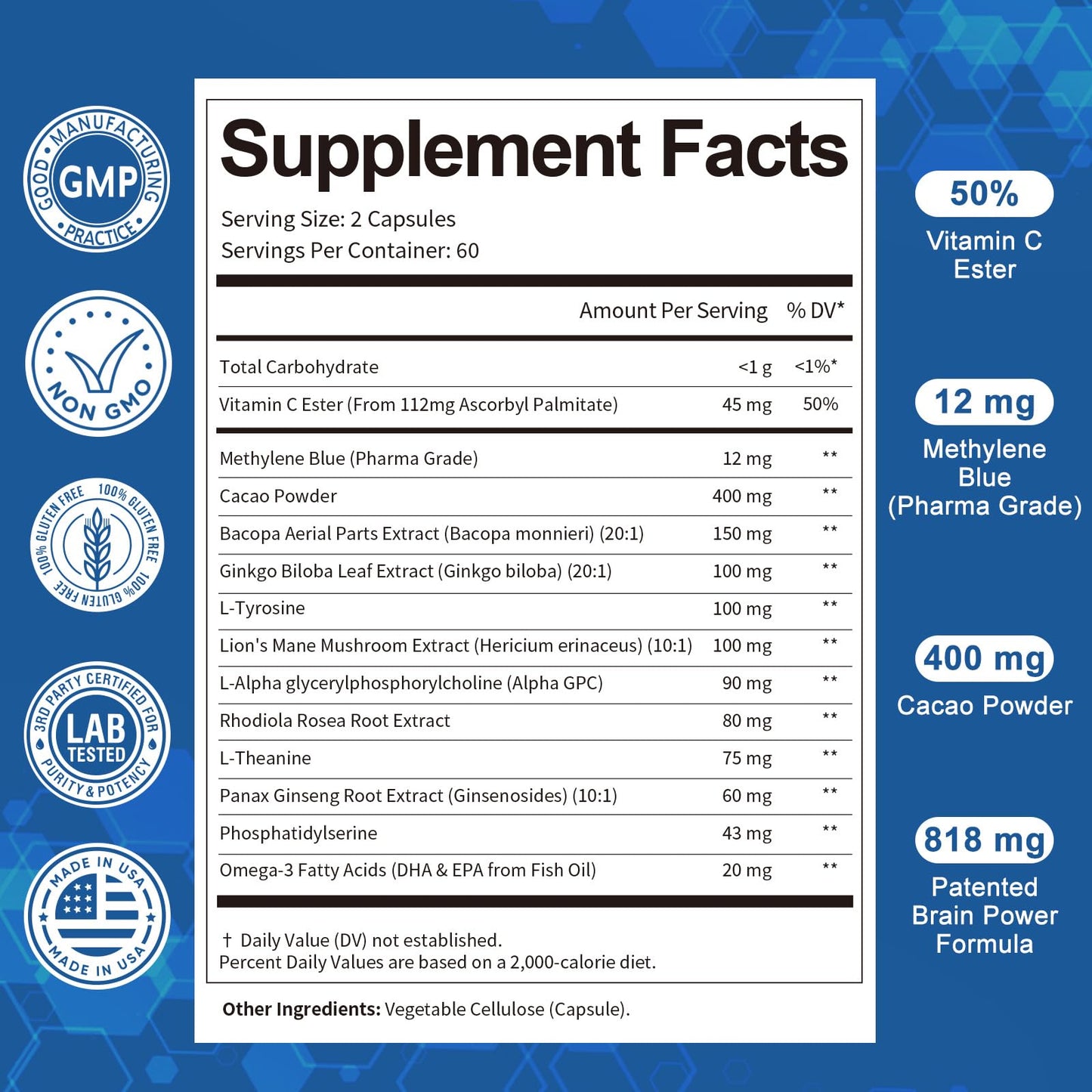 USP Methylene Blue Pharmaceutical Grade, Vitamin C Ester, Bacopa, Phosphatidylserine, Omega-3 Fatty Acids - 13 in 1 Upgrade Patented Brain Formula - Memory, Focus, Clarity, Cognitive, 120 Count