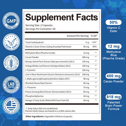 USP Methylene Blue Pharmaceutical Grade, Vitamin C Ester, Bacopa, Phosphatidylserine, Omega-3 Fatty Acids - 13 in 1 Upgrade Patented Brain Formula - Memory, Focus, Clarity, Cognitive, 120 Count