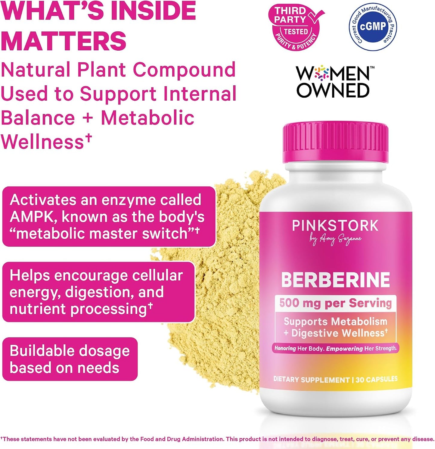 Pink Stork Berberine 500 mg, AMPK Metabolic Activator for Women, 30 Count | Metabolism + Gut Health Support for Women, Third-Party Tested, Vegan, Non-GMO