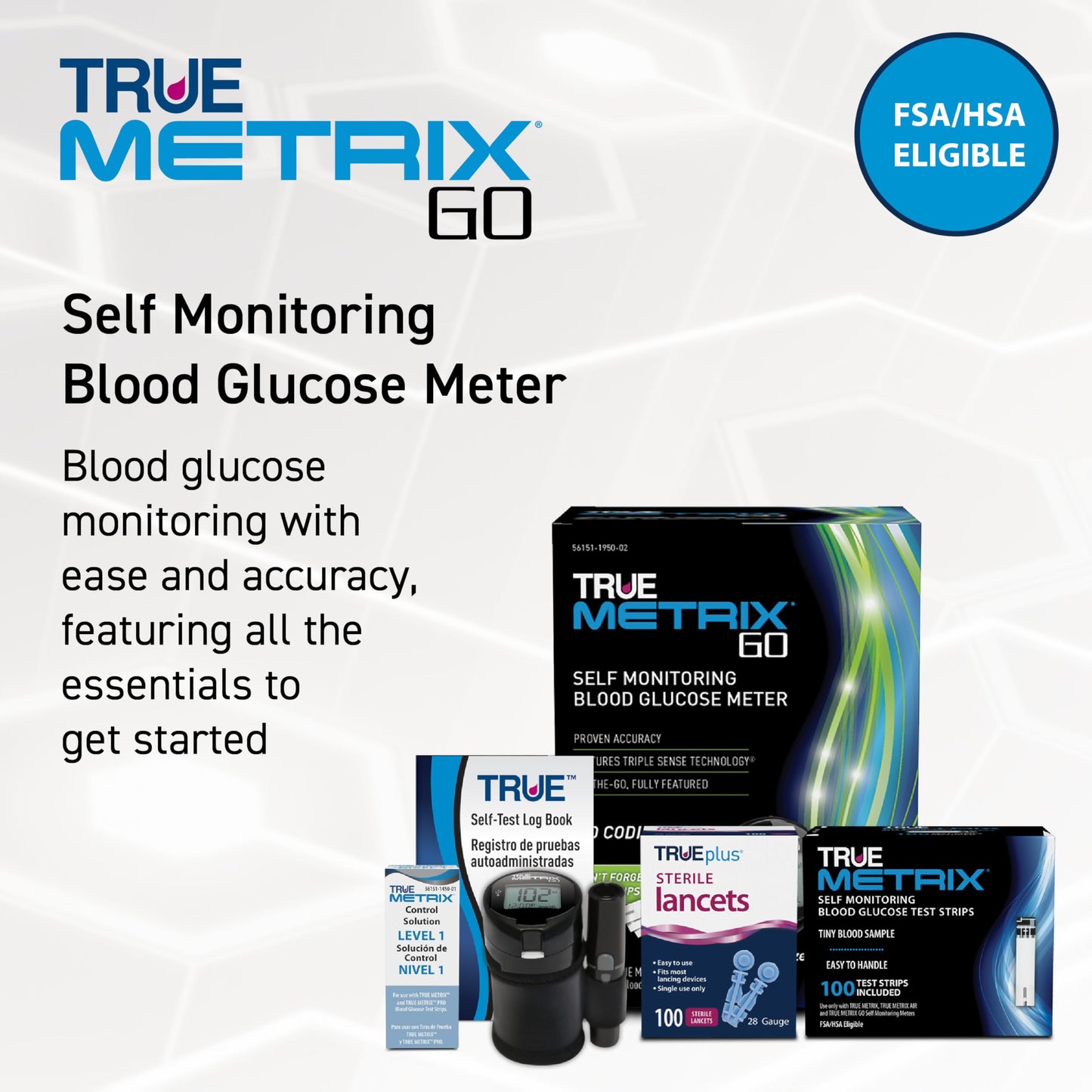 TRUE METRIX Meter Kit, Glucose Monitor, Supplies, Log Book, Solution | Includes Blood Glucose Meter, Case, 100 Test Strips, 100 Lancets, Lancing Device, Control Solution, Log Book