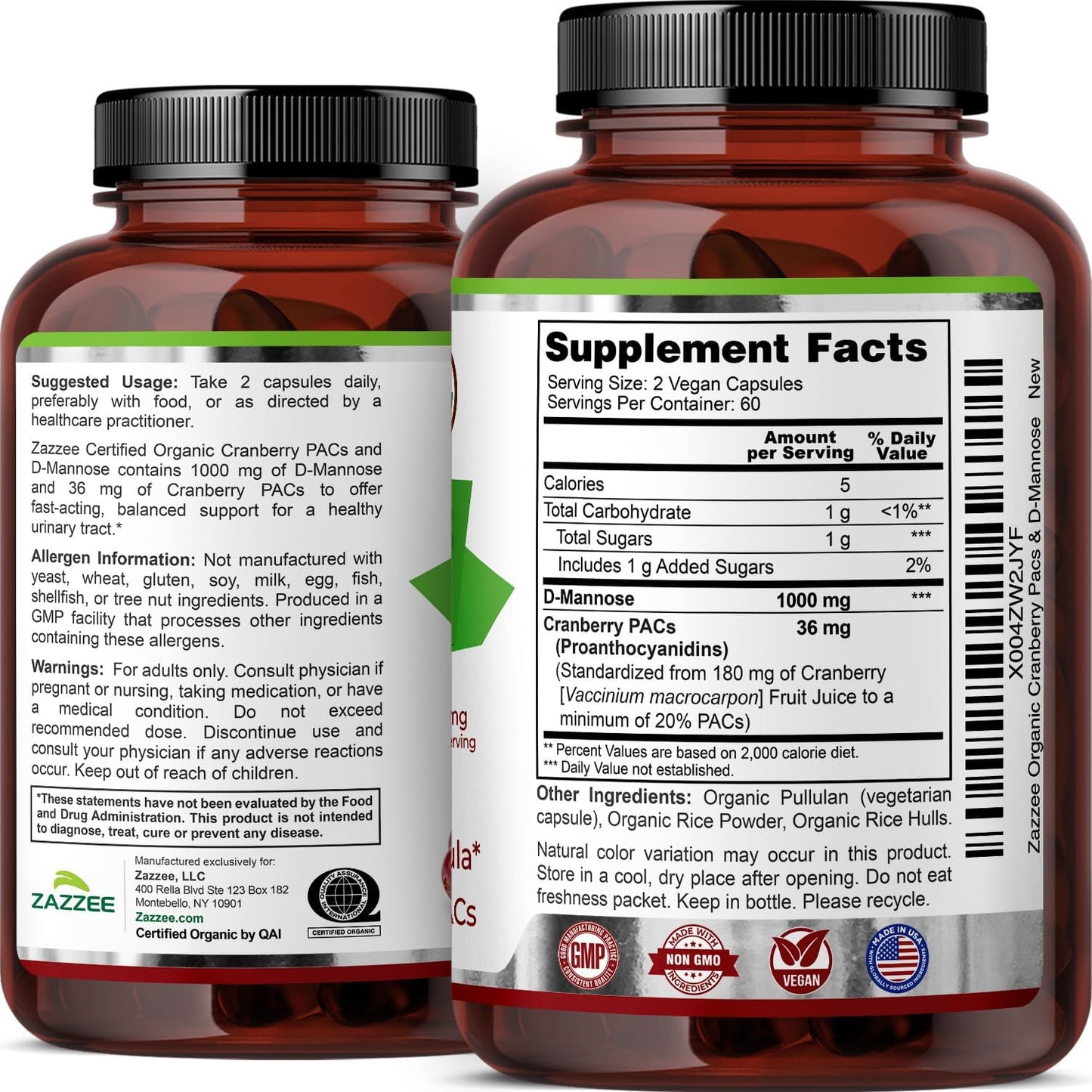 Zazzee USDA Organic Cranberry PACs & D-Mannose, 36 mg PACs per Serving, 1000 mg D-Mannose per Serving, 120 Vegan Capsules, 2 Month Supply, Urinary Tract & Bladder Support, Non-GMO, Made in the USA