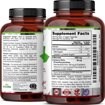 Zazzee USDA Organic Cranberry PACs & D-Mannose, 36 mg PACs per Serving, 1000 mg D-Mannose per Serving, 120 Vegan Capsules, 2 Month Supply, Urinary Tract & Bladder Support, Non-GMO, Made in the USA