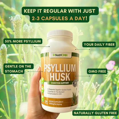 NutriONN PSYLLIUM Husk Capsules - 1450mg Per Serving - 240 Capsules - Double Strength
