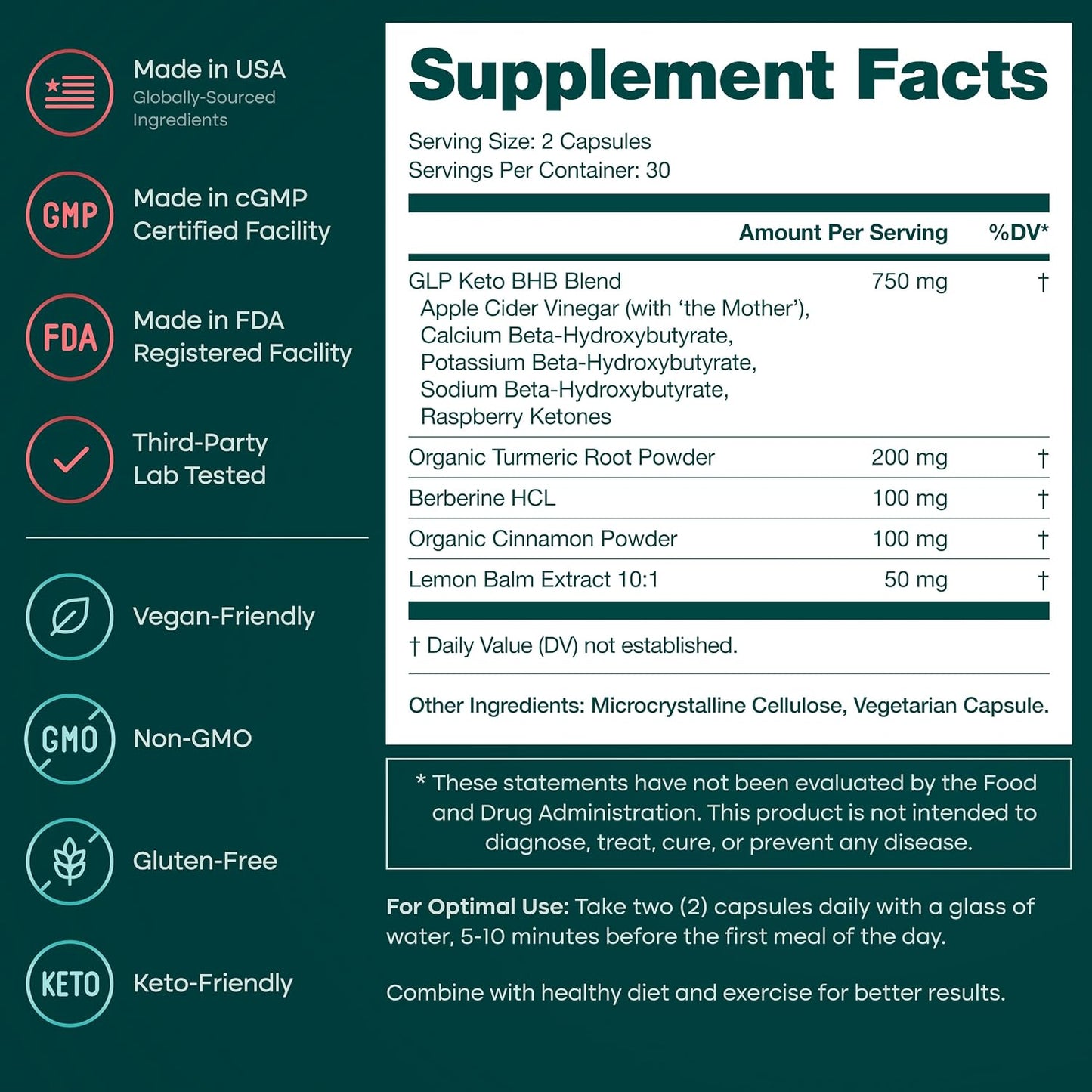 Etta Vita GLP-1 Supplement for Appetite Support and Metabolic Health for Men and Women with BHB Ketones, Apple Cider Vinegar, Berberine HCL, Turmeric and Cinnamon