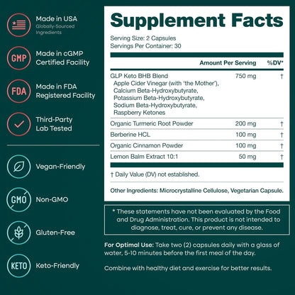 Etta Vita GLP-1 Supplement for Appetite Support and Metabolic Health for Men and Women with BHB Ketones, Apple Cider Vinegar, Berberine HCL, Turmeric and Cinnamon