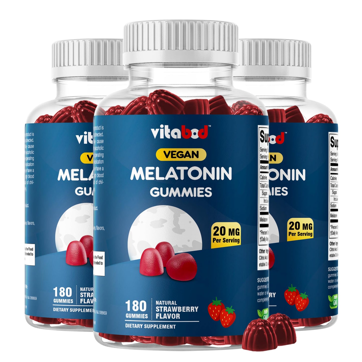 Vitabod Melatonin 20mg Gummies - 180 Count - Drug Free - Natural Strawberry Flavor - Vegetarian, Non-GMO, Gluten Free (1 Bottles)