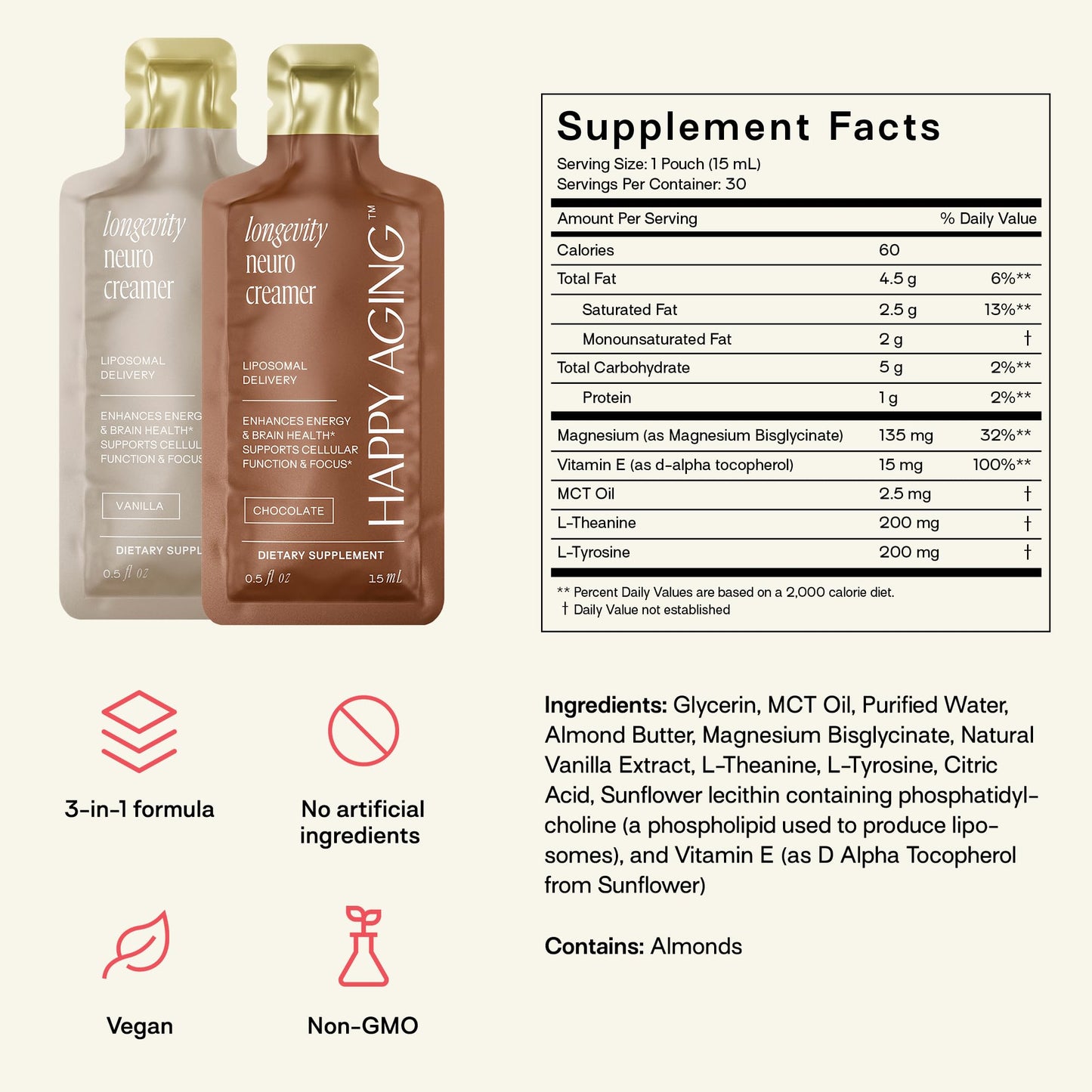 Happy Aging Liposomal Nootropic Coffee Creamer | 200mg L-Theanine, 200mg L-Tyrosine, 135mg Magnesium, 2.5g MCT Oil | Brain Focus & Energy | 30 Liquid Sachets | Vanilla & Chocolate | Vegan Keto
