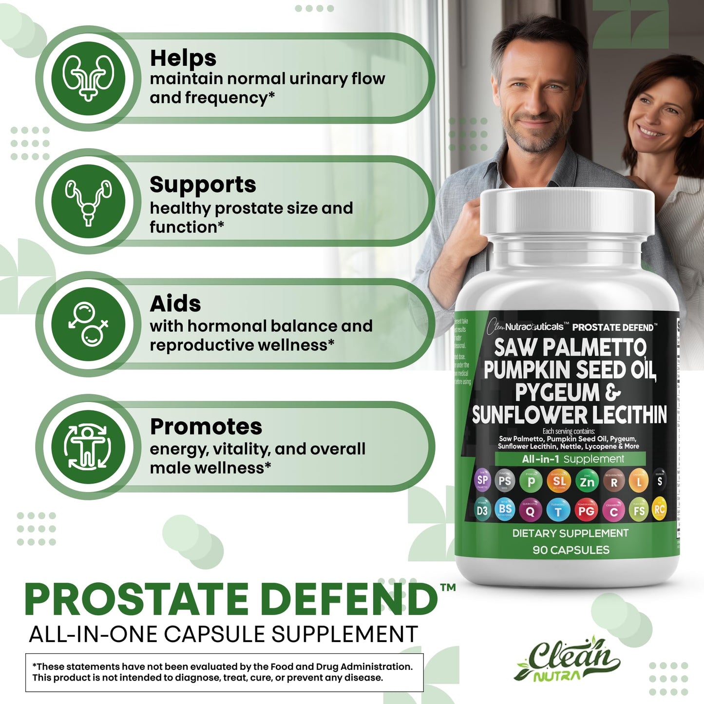Clean Nutraceuticals Saw Palmetto Pumpkin Seed Oil Pygeum Sunflower Lecithin Stinging Nettle Cranberry - Prostate Supplements for Men with Lycopene - 90 Caps