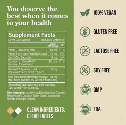 DAIKEN Bitter Melon, Cinnamon & Chromium, 100% Vegetarian Bitter Melon Capsules with Cinnamon Chromium & Zinc, 60 Capsules