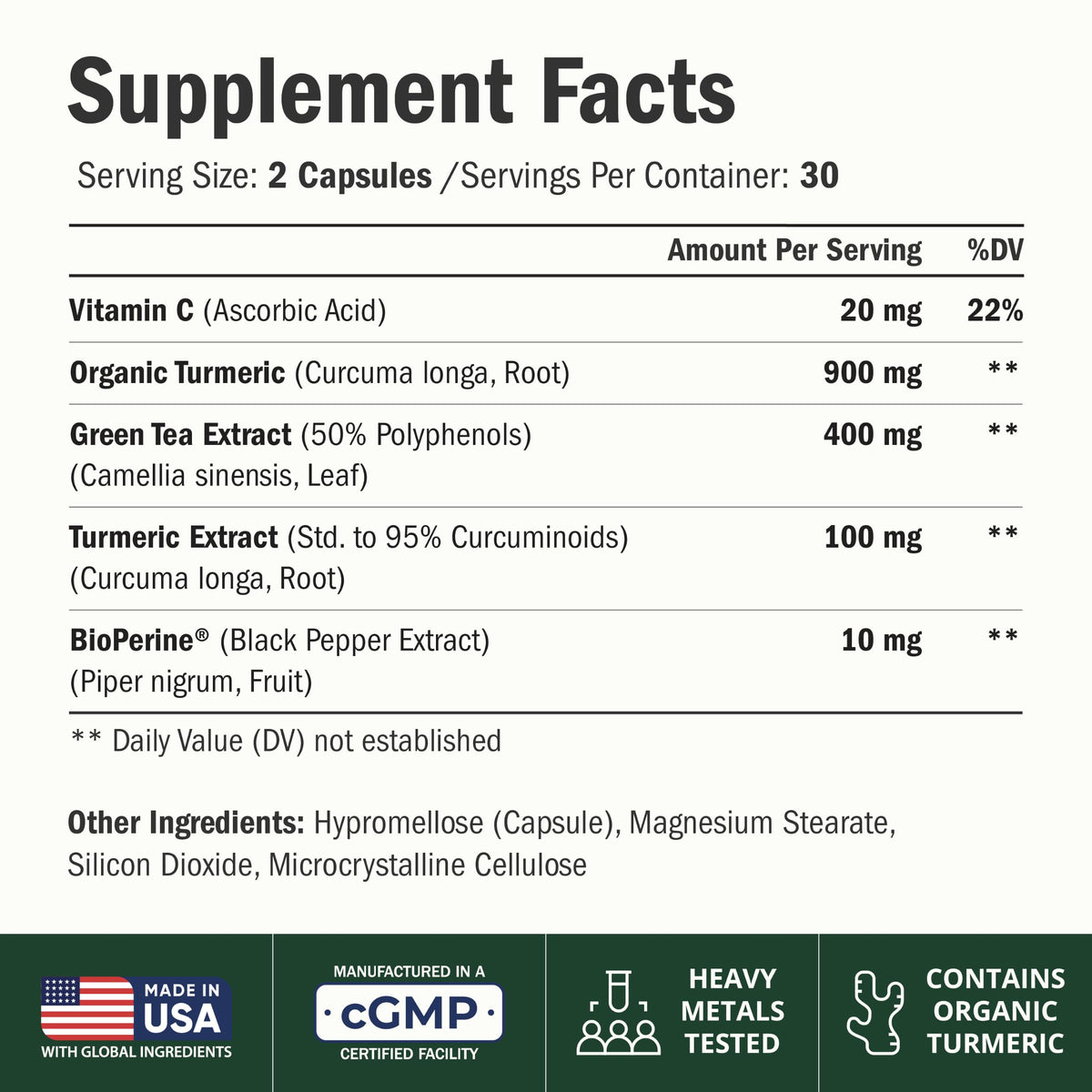 Turmeric Curcumin Supplement with Green Tea Extract & Bioperine 60 Capsules
