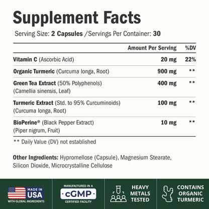 Turmeric Curcumin Supplement with Green Tea Extract & Bioperine 60 Capsules