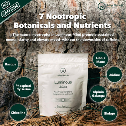 Adapt Naturals Luminous Mind Nootropic Brain Supplement - 30 Day Supply | with Ginkgo Biloba, Bacopa & Lions Mane - Memory, Focus, Mental Clarity & Elevated Mood Support - No Caffeine & Crash Free