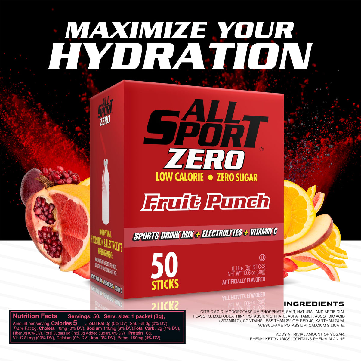 All Sport Zero Powder Sticks, Sugar Free, Strawberry Banana, 50 Count