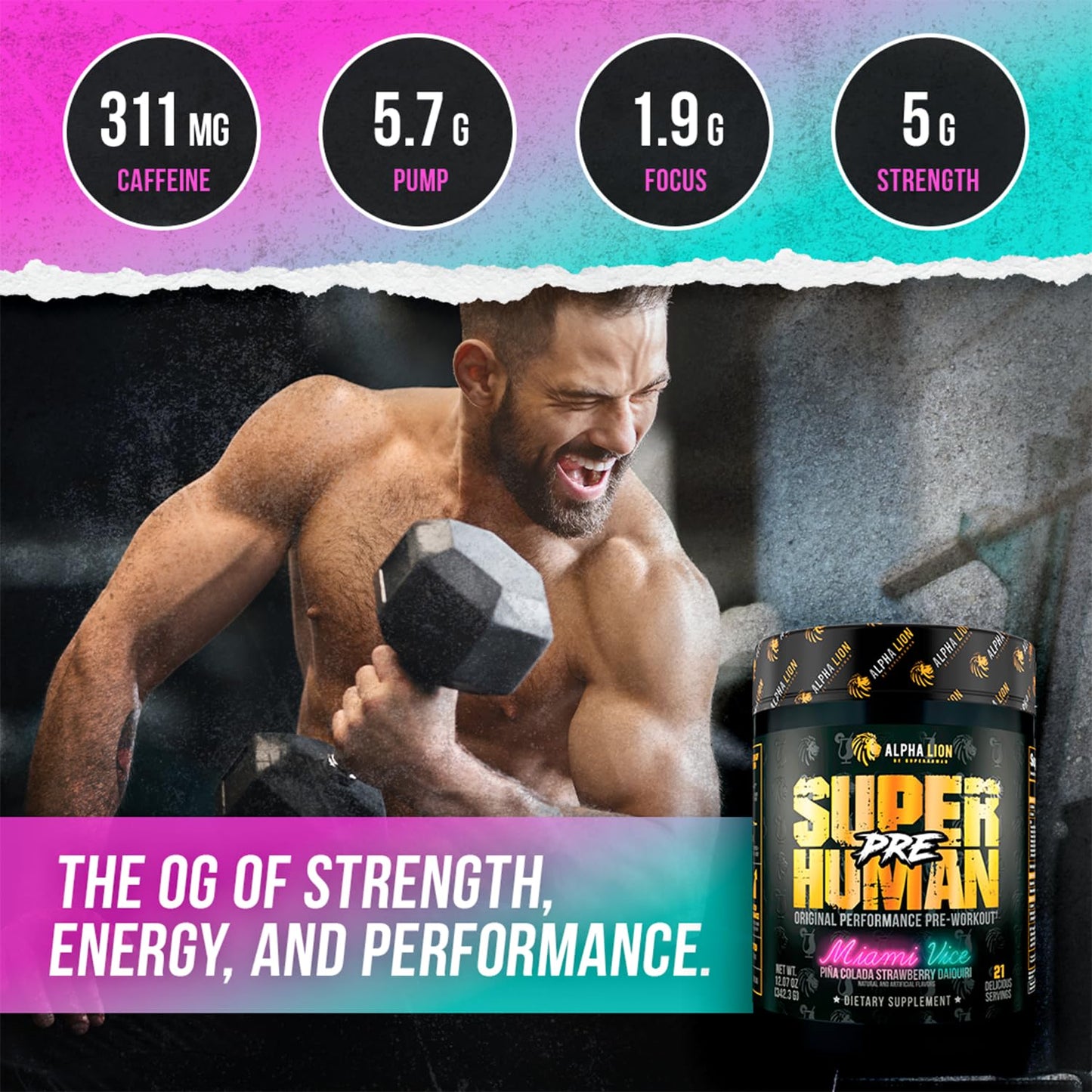 ALPHA LION Superhuman Pre Workout Powder, Beta Alanine, L-Taurine & Tri-Source Caffeine for Sustained Energy & Focus, Nitric Oxide & Citrulline for Pump (21 Servings, Sour Gummy Bear Flavor)