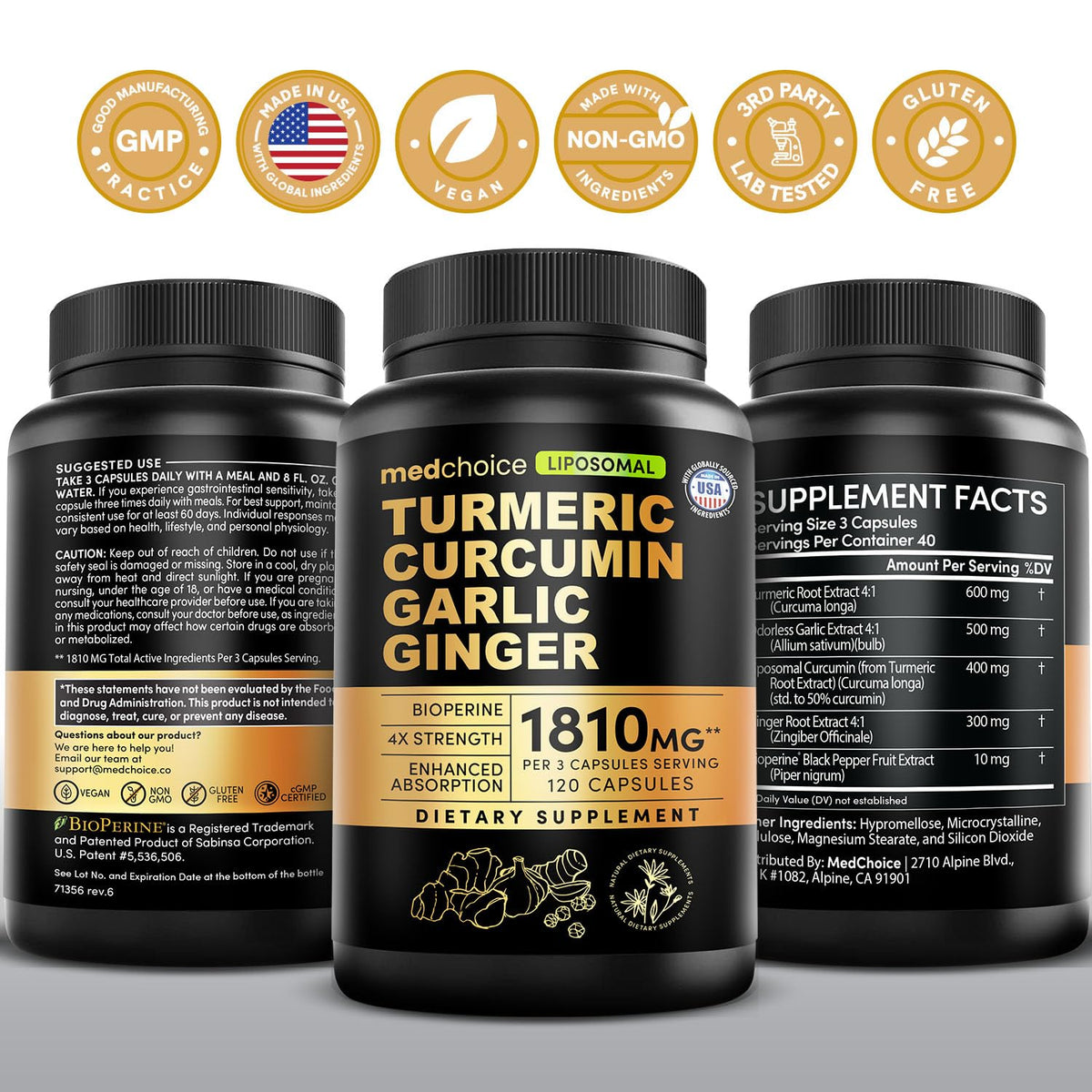 MEDCHOICE Liposomal Organic Turmeric Curcumin with Black Pepper, 120ct