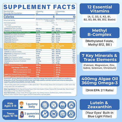 Methylated Multivitamin Gummies for Teens & Kids with Methylfolate, Methyl B12 & Omega3, Teen Vitamins for Boys & Girls 10-19 with Multi-Minerals for Teenager Focus, Energy, Growth, Skin, Eyes, Immune