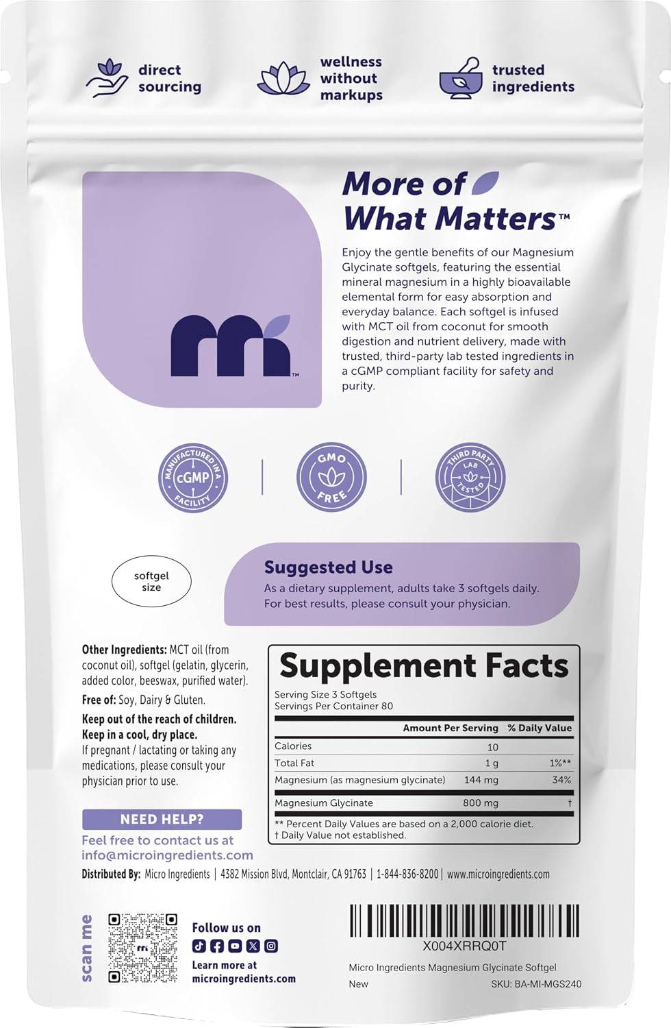 Micro Ingredients Magnesium Glycinate 800 mg Per Serving, 240 Softgels | Chelated Magnesium Supplement with MCT Oil | Non-GMO, Gluten Free, No Soy