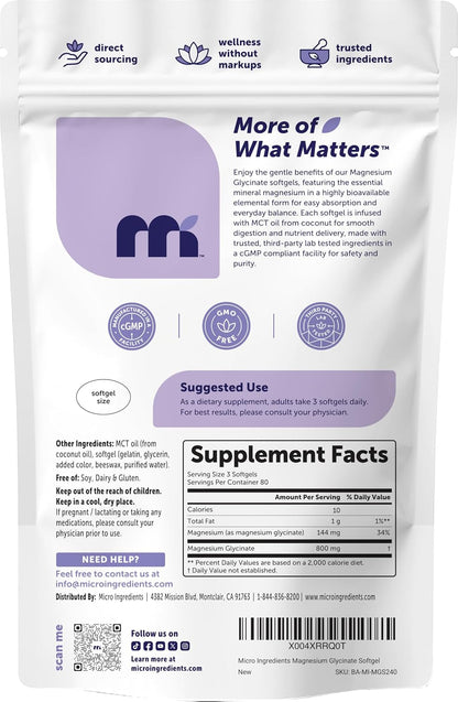 Micro Ingredients Magnesium Glycinate 800 mg Per Serving, 240 Softgels | Chelated Magnesium Supplement with MCT Oil | Non-GMO, Gluten Free, No Soy