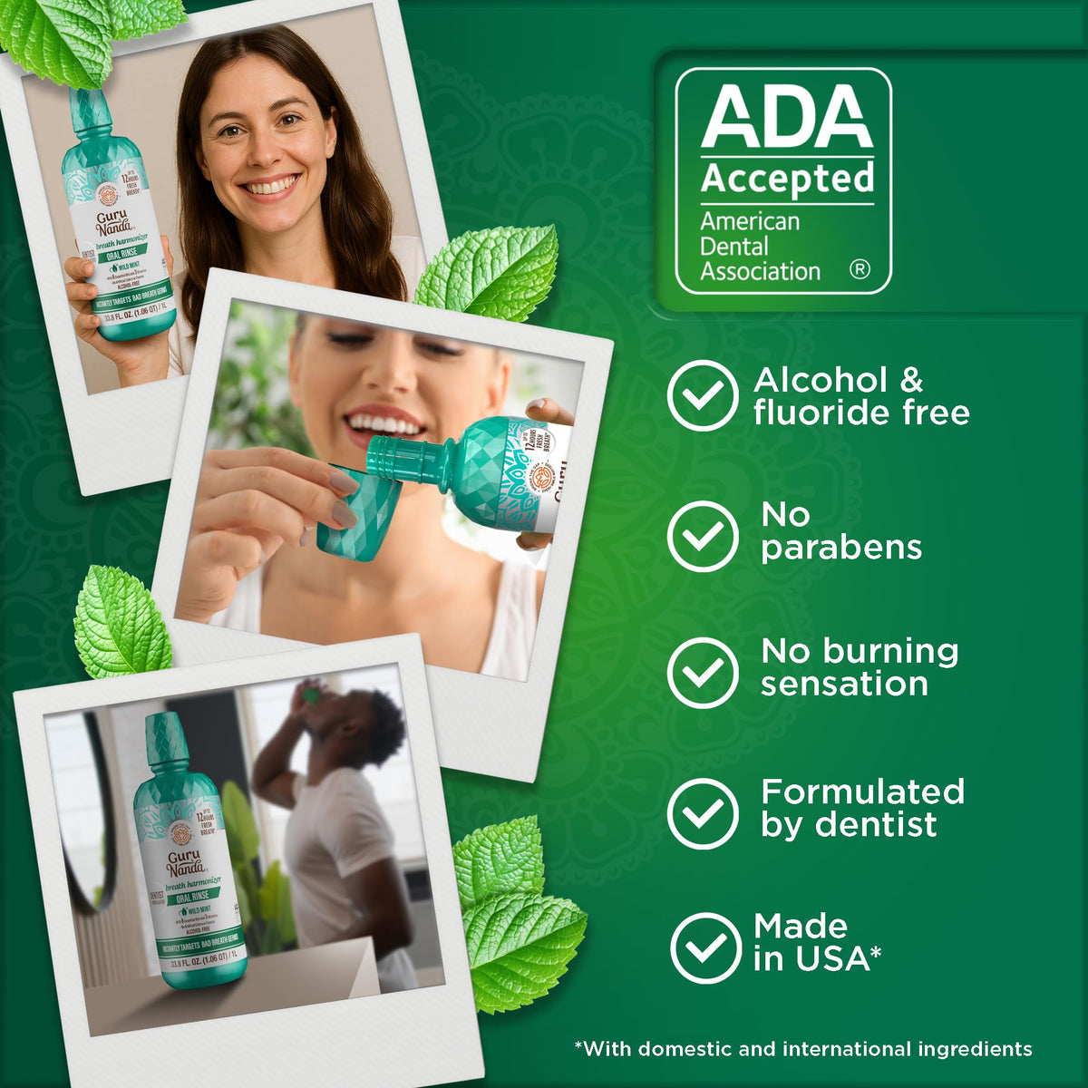 GuruNanda Fresh Breath Mouthwash – 12-Hour Fresh Breath & Helps Fight Bad Breath – ADA Accepted, Alcohol & Fluoride-Free Oral Rinse, Wild Mint - 16 oz, Pack of 2