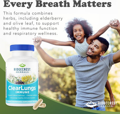 RidgeCrest Herbals ClearLungs Immune Mullein, Elderberry and Zinc 60 Ct | 30 Servings, Vitamin C and A, Olive Leaf, Mullein, Natural Respiratory Wellness, Vegan Capsules, Daily Immune Blend