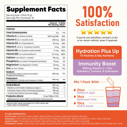Venture Pal Sugar Free Hydration Packets+Immune-Liquid Daily IV Drink Mix | Electrolyte Powder with 7 Electrolytes & 6 Vitamins, Probiotics + Elderberry | Non-GMO, Keto Friendly, Vegan | 16 Sticks