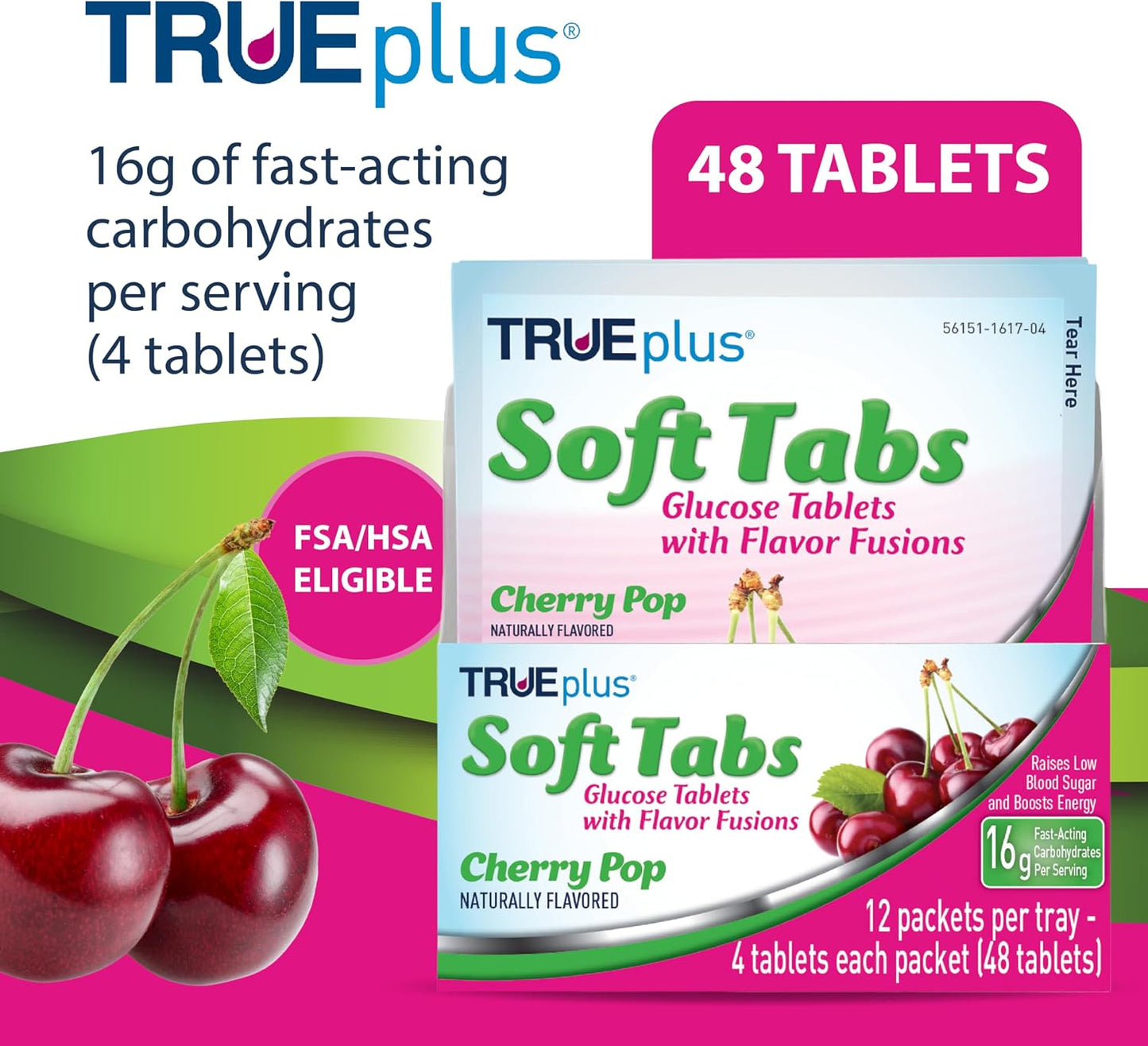 TRUEplus Soft Tabs Glucose Tablets, Cherry Pop Flavor, 4 Count, 12 Packs | Chewable Tablets, 16g Fast-Acting Carbohydrates, Fat Free, Gluten Free, Boosts Energy, Great Tasting and Easy to Use