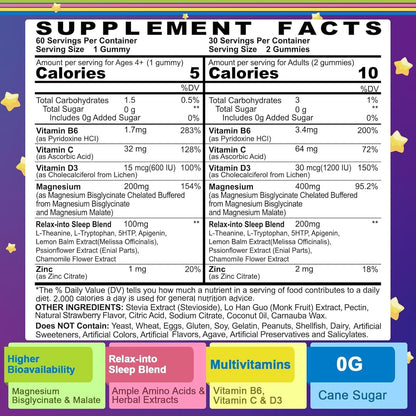 Magnesium Glycinate Gummies for Adults & Kids 4+, Sugar Free Magnesium Bisglycinate Supplement 400/200mg with B6D3, L-Theanine for Sleep & Relaxation, Brain, Muscle, Melatonin Free Gummies,1Pack