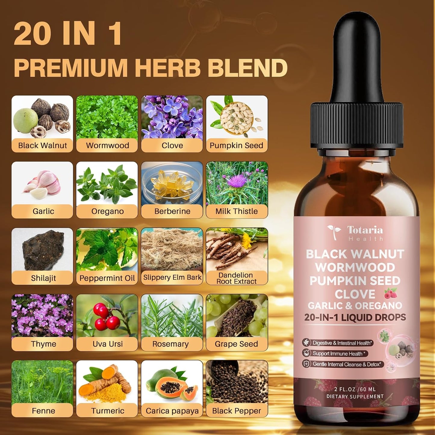 Totaria 20 in 1 Black Walnut Wormwood Tincture - Clove,Pumpkin Seed,Garlic,Oregano,Berberine - Gentle Gut Cleanse & Digestive Health - Alcohol-Free,Gut-Friendly -Raspberry Flavor - 2FL