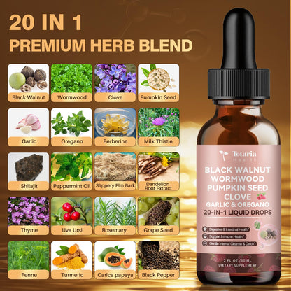 Totaria 20 in 1 Black Walnut Wormwood Tincture - Clove,Pumpkin Seed,Garlic,Oregano,Berberine - Gentle Gut Cleanse & Digestive Health - Alcohol-Free,Gut-Friendly -Raspberry Flavor - 2FL
