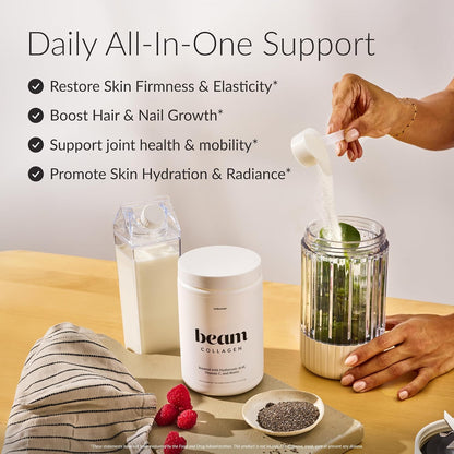 BEAM Collagen Powder, Collagen for Women, Collagen with Hyaluronic Acid, Collagen Peptides Type 1 and 3, with Biotin, Grass Fed Bovine, Third-Party Tested, Best for Coffee, Vitamin C, 30 Servings