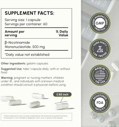 partiQlar NMN Supplement 500mg - High Purity Nicotinamide Mononucleotide - NAD+ Booster for Anti-Aging, Cellular Energy & Longevity - 60 Veggie Capsules