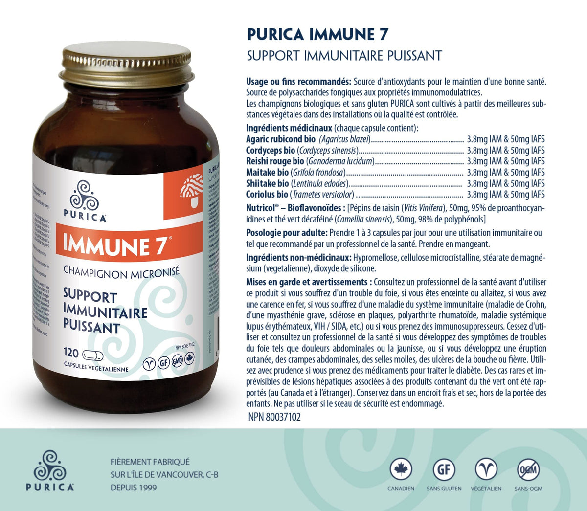 PURICA Mushroom Supplement Complex - Daily Immune Support 7, Turkey Tail