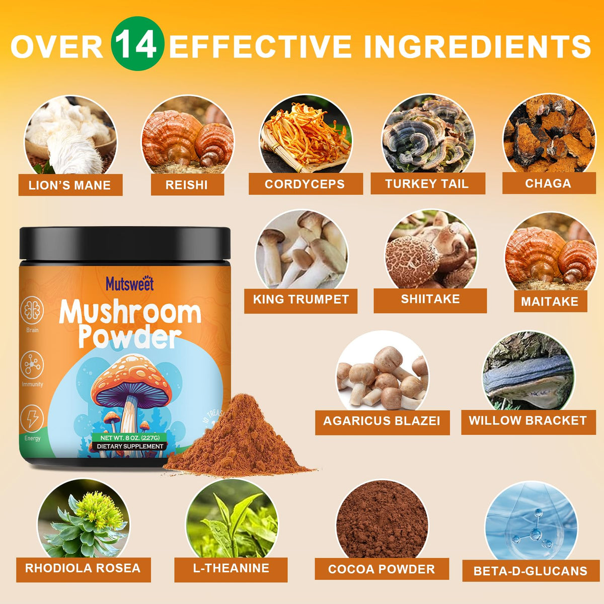 Mushroom Powder Blend (75 Servings), Ten Mushroom Supplement with Lions Mane