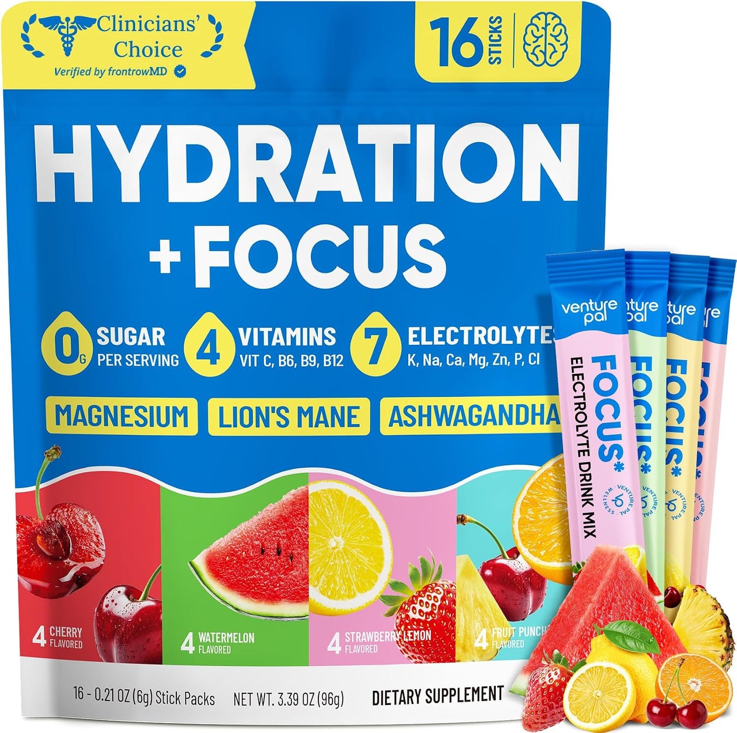 Venture Pal Sugar Free Hydration + Focus Electrolyte Packets, 16 Sticks | 7 Electrolytes + Vitamins, Magnesium, Lion's Mane & Ashwagandha, Boost Clarity & Energy, Electrolytes Powder, Vegan, Keto