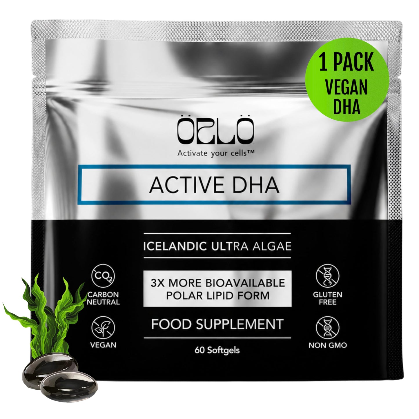 Orlo DHA Supplement 1000mg - 3X Absorption Natural Icelandic Nordic Omega 3 DHA & EPA for Brain & Eye Support – Vegan Fish Oil Alternative, No Fishy Aftertaste, 60 Easy-to-Swallow Mini Softgels