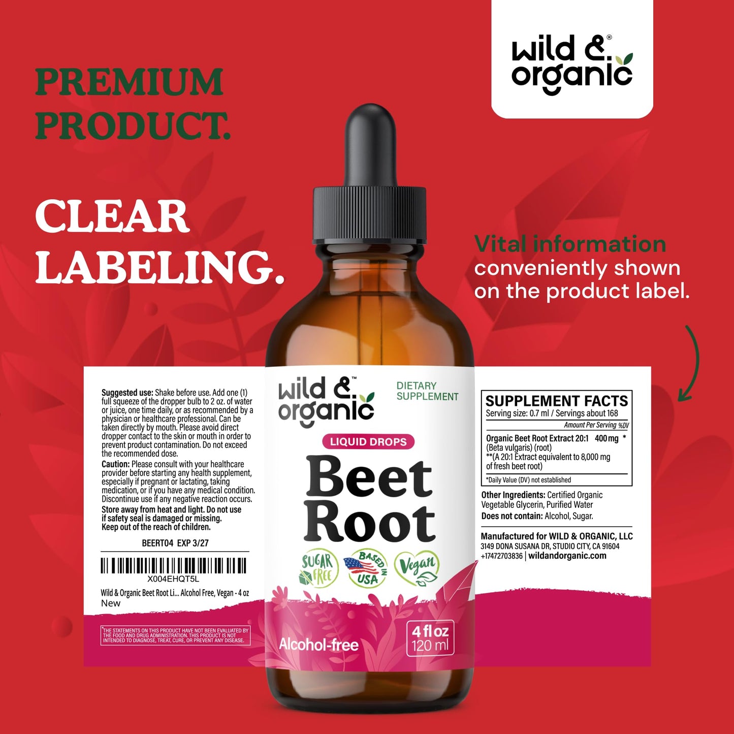 Wild & Organic Beet Root Extract Drops - Energy Support - Liquid Red Beets Supplements - 400 mg per Serving - Mix with Powder - Vegan, Sugar & Alcohol - 4 fl oz