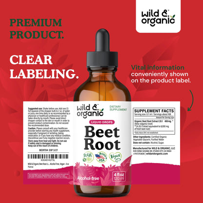 Wild & Organic Beet Root Extract Drops - Energy Support - Liquid Red Beets Supplements - 400 mg per Serving - Mix with Powder - Vegan, Sugar & Alcohol - 4 fl oz