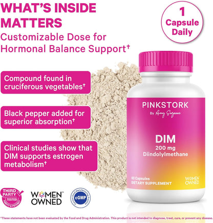 Pink Stork DIM Supplement for Women, 60 Capsules | Estrogen and Hormone Balance for Menopause, Perimenopause & PMS, DIM 200 mg plus BioPerine, Mood Support, 60 Day Supply