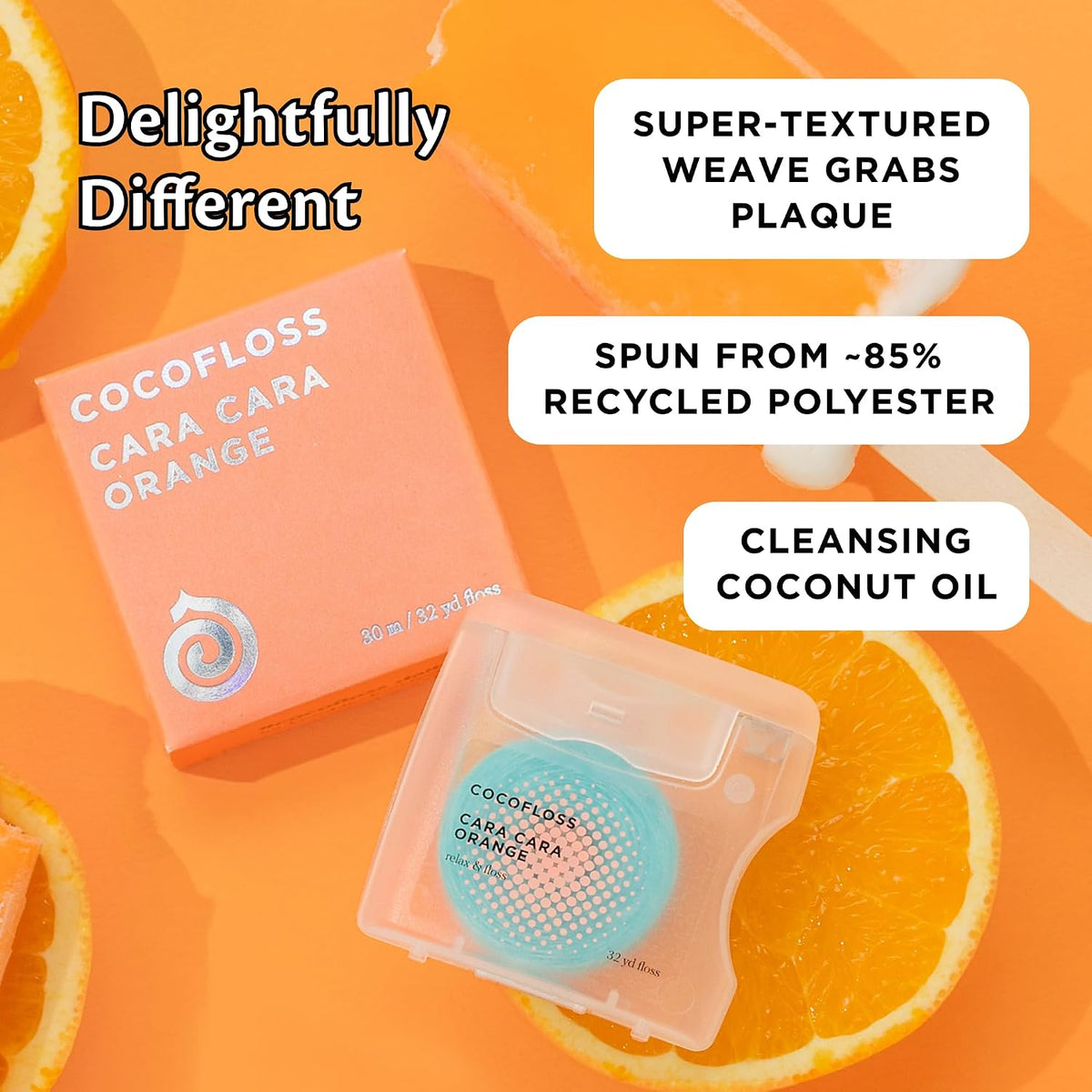 Cocofloss Expanding Woven Dental Floss by Cocolab, Waxed Tooth Floss for Daily Oral Care, Coconut Oil Infused, Vegan, For Adults and Kids, Orange Scent, 3 Pack