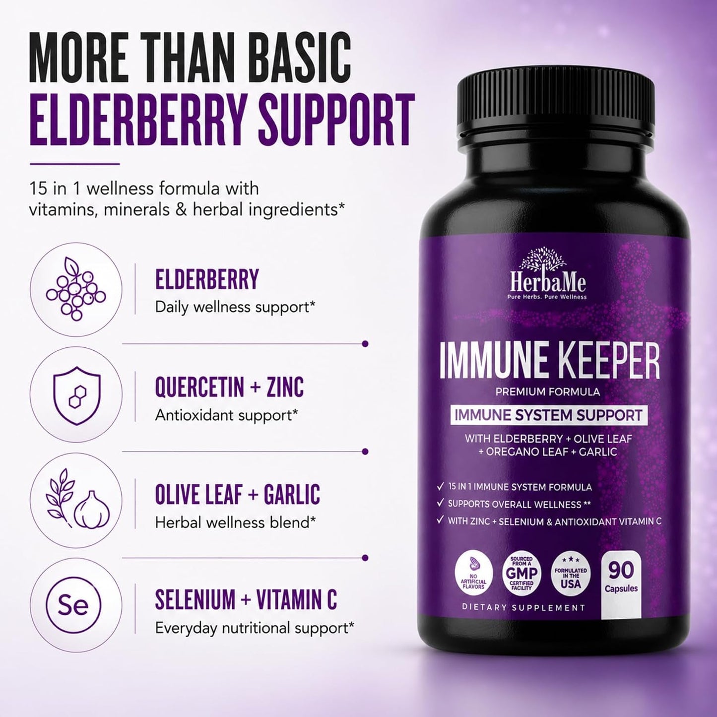 HerbaMe Immune Support Supplement, 15 in 1 Daily Wellness Formula with Elderberry, Quercetin, Zinc, Vitamin C & Selenium, Olive Leaf & Garlic for Men & Women, 90 Capsules